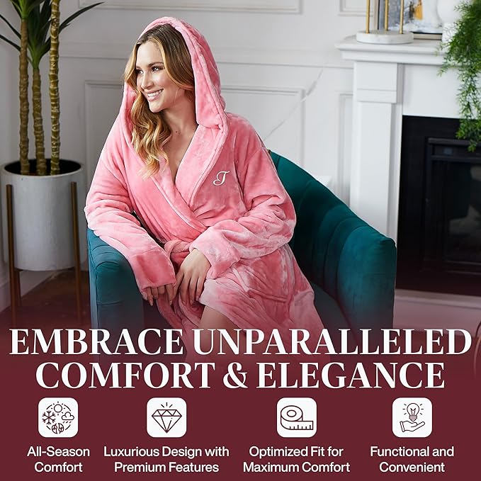 Lotus Linen Plush Robes for Women - Soft Bathrobe, Custom Monogram, Warm Fleece Robe with Pockets