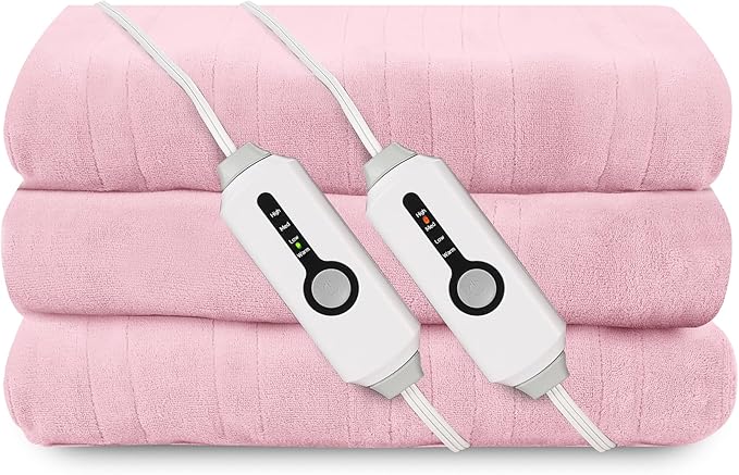 Electric Heated Blanket 90"x100" King Size, Soft Coral Fleece, Dual Controllers with 4 Heating Levels and 10 Hours Auto-Off, Machine Washable, Cozy Plush Fabric for Home, Pink