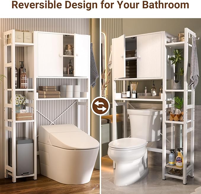 Over The Toilet Storage Cabinet with Doors - 7 Tier Bathroom Organizer with Adjustable Shelf, Freestanding Space Saver Rack Above Toilet Stand with 4 Hooks for Bathroom, Restroom, Laundry, White