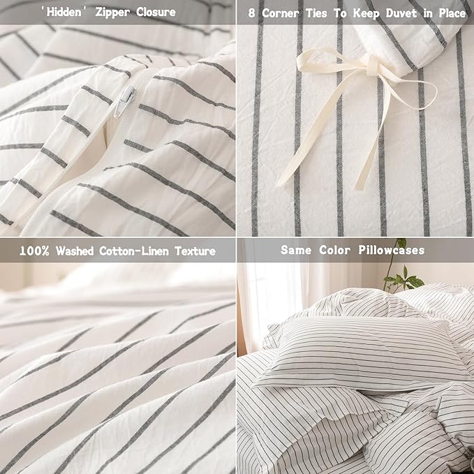 Stripe Duvet Cover King Size 104inch x 90inch, 100% Washed Cotton Linen Feel Duvet Cover, Pinstripe Duvet Cover with Zipper Closure and 2 Pillowcases, Color of White-Dark Grey Stripe