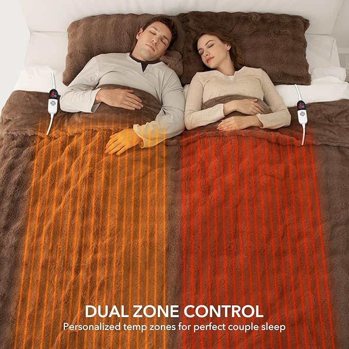 Faux Rabbit Fur Bubble Electric Blanket Queen Camel - Fluffy Thick Heated Blanket with Dual Control, 6 Heating Levels & 10 Timer Settings, Overheat Protection, Room Home Decor (84" x 90")