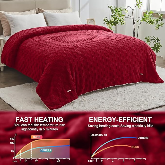 Electric Heated Blanket Twin Size - Jacquard Checkered Sherpa 62"x84" Fast Heating Bed Blankets with 6 Heating Levels & 10 Hours Auto Off, Over-Heat Protection ETL, Red