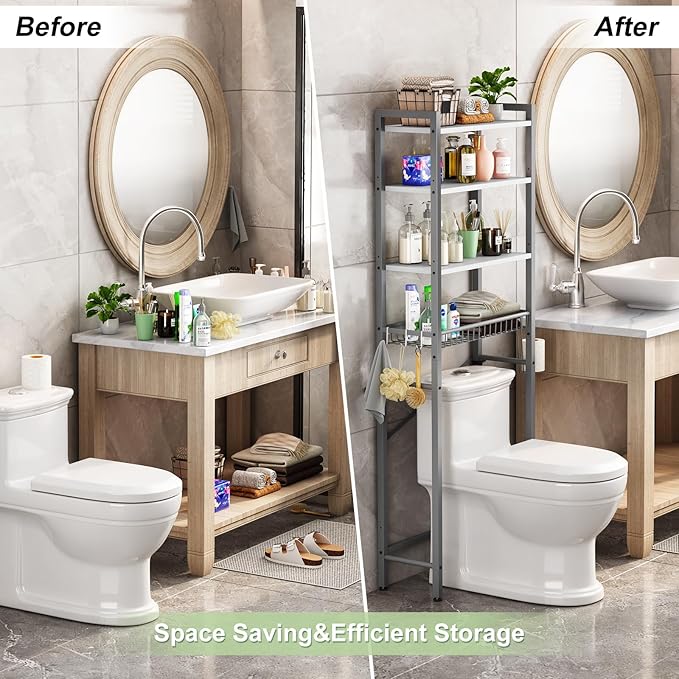 Over-The-Toilet Storage Rack, 4-Tier Bathroom Organizer Shelf Over Toilet with Adjustable Shelf and Basket, Freestanding Space Saver Bathroom Shelves Above Toilet for Room (Gray- White)