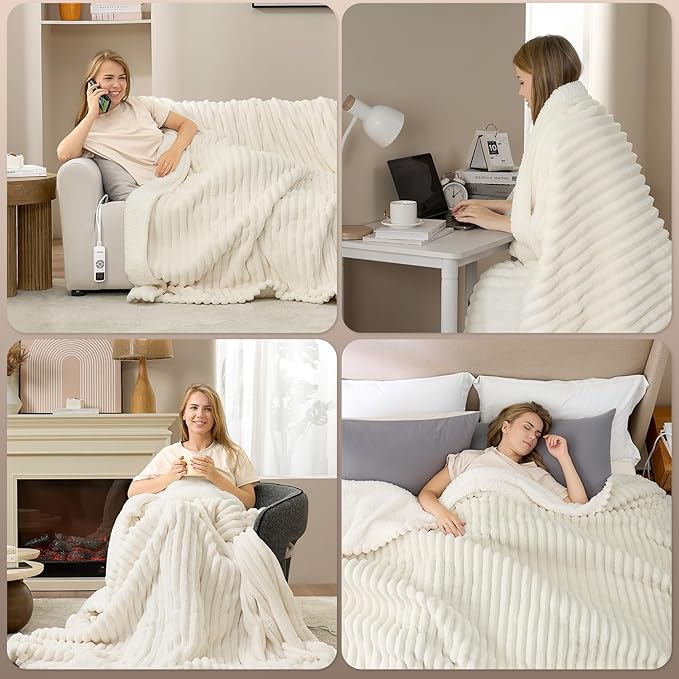 Hansleep Heated Blanket King Size Electric Throw Dual Control, Heating Blanket with 9 Heating Levels and 10-Hour Timer Auto Shut Off, Washable Soft Warm Winter Blanket, 90 x 100 Inches, Beige