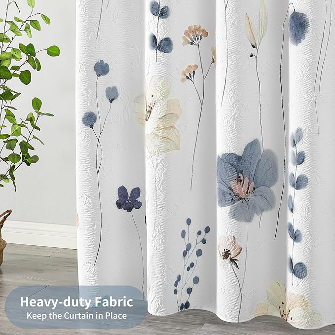 QiyI Watercolor Floral Shower Curtain, 3D Embossed Butterflies Grey Beige Flower Bathroom Curtains, Minimalist White Cloth Bath Curtain, Waterproof Fabric Textured Shower Curtain Set with Hooks, 72x72