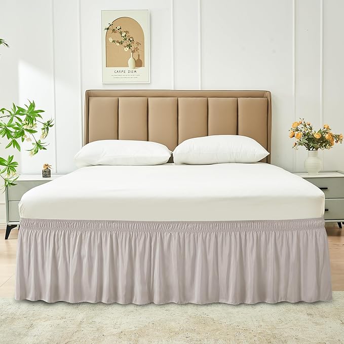 Biscaynebay Wrap Around Bed Skirts for King & Cal King Beds 15" Drop, Camel Grey Adjustable Elastic Dust Ruffles Easy Fit Wrinkle & Fade Resistant Silky Luxurious Fabric Machine Washable