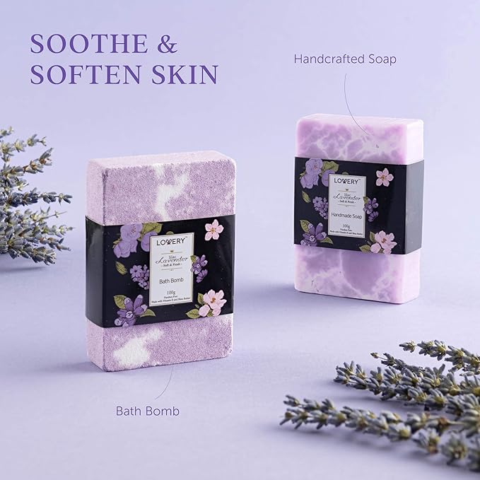 Womens Christmas Gifts – Holiday Gift Baskets for Women, Spa Gifts for Women Who Have Everything – Bath and Body Gifts for Mom, Her Lavender & Lilac Bath Set Soap, Bath Bomb, Jojoba Oil, Lip Balm