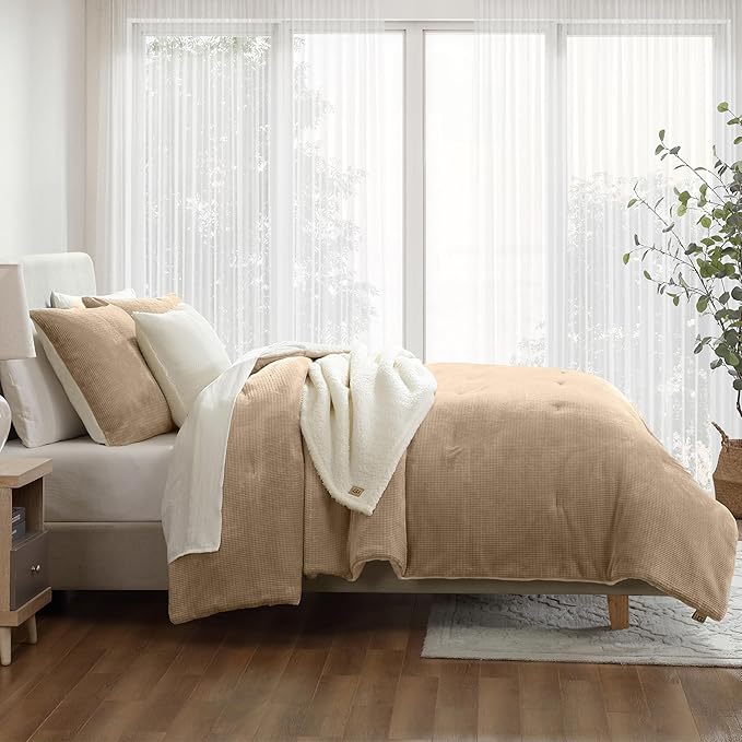 UGG Comforter Set 5 Piece Bed in a Bag with Throw Blanket, Decorative Pillow, Shams, and Reversible Comforter Hypoallergenic Washable Luxury Warm Fluffy Bedding Set, Ivory, King Size (Remina)
