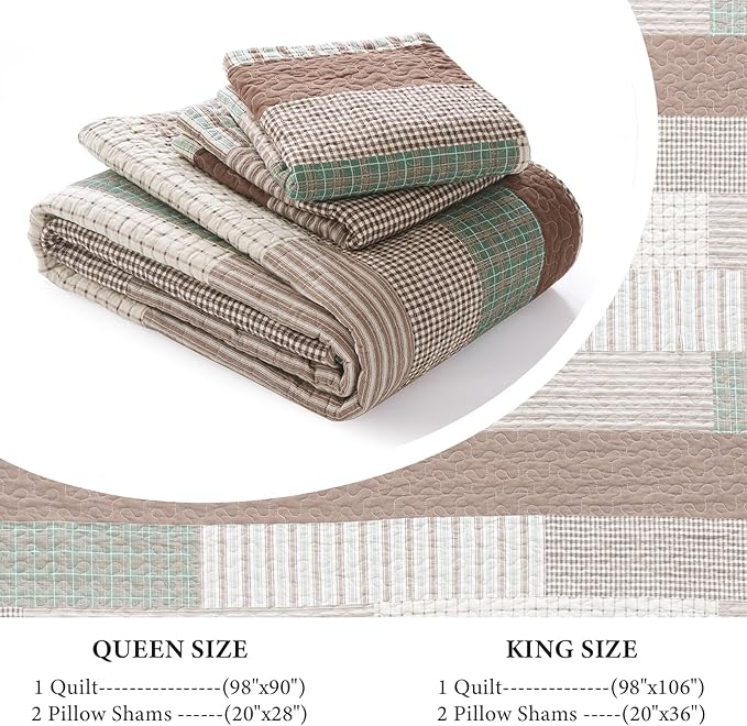 Uniclinens Plaid Quilt King Size, 100% Cotton Patchwork Quilt Bedding Set, Brown Lightweight Farmhouse Bedspread/Coverlet/Comforter Set, 3 Pieces Set with 2 Pillowshams, Brown/Green/Cream