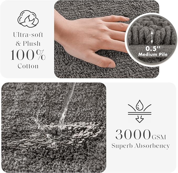 Madison Park Splendor Reversible 100% Cotton Tufted Bathroom Rug-3000 GSM Hotel Quality Luxurious Plush Medium Pile Bath Mat Absorbent, Quick Dry, Shower Room Décor, 21x34, Charcoal