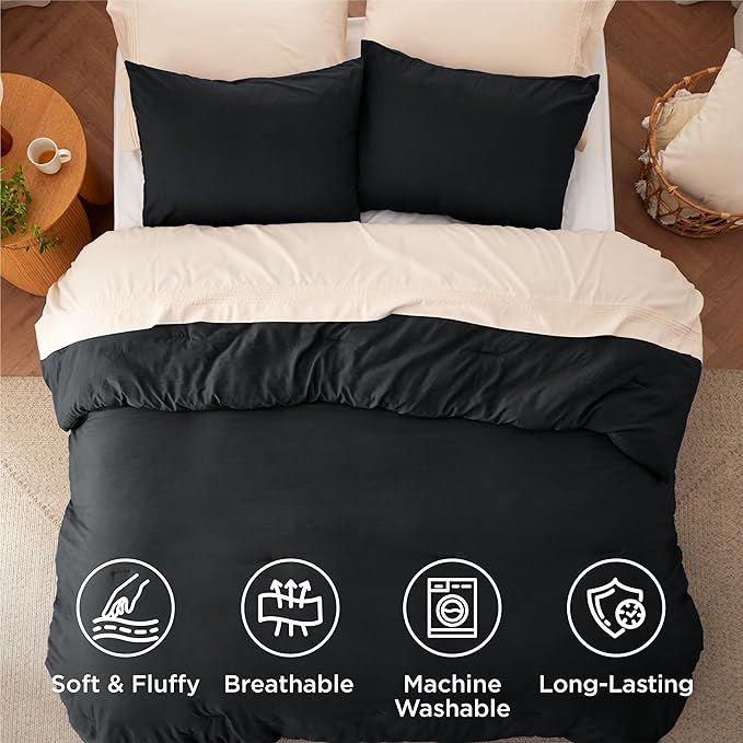 Bedsure California King Size Comforter Set, Black Soft Prewashed Bedding for All Seasons, 3 Pieces GentleSoft™ Down Alternative Bed Set, 1 Lightweight Comforter (104"x96") and 2 Pillowcases (20"x36")