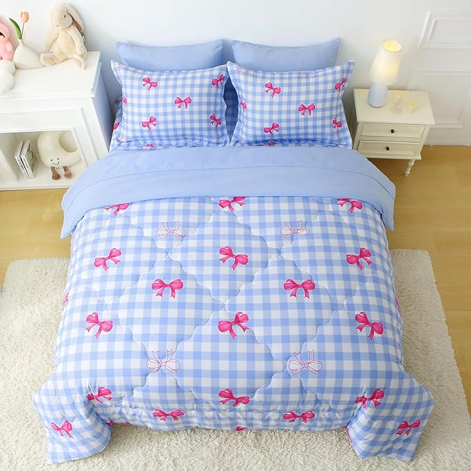Wajade Bow Comforter Set 7 Piece Blue White Plaid Comforter Sets for Girls Kids Twin Size Checkered Bedding Set with Sheet and 2 Pillowcases 2 Pillow Shams Cute Girls Bed in a Bag as Birthday Choice