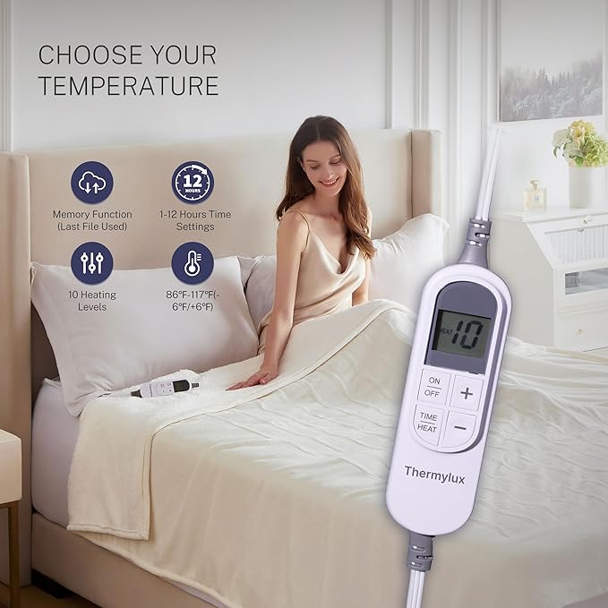 Electric Blanket Full 72"x84" Heated Electric Blankets 10 Heating 12 Time Settings Levels 8 Hours Auto Off Fast Heating and Overheat Protection ETL Certified Machine Washable,Ivory