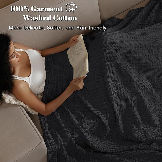 PHF 100% Cotton Waffle Weave Blanket Twin Size for Bed, Soft Lightweight & Breathable, All-Season Comfort, Luxury Aesthetic Woven Bedding for Home Decor, 66"x90", Black