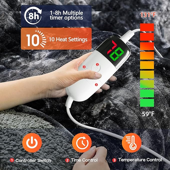 greenoak Heated Electric Blanket Queen, Faux Fur Sherpa Heating Blanket for Sofa Bed, Warm Winter Gifts for Women/Men, Heater Lap Blankets 5-Position Timer &10 Heating Levels 84''*90" Black