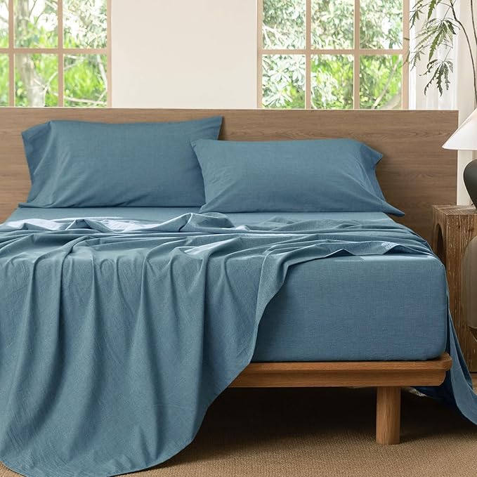 MooMee Bedding Sheet Set 100% Washed Cotton Linen Like Textured Breathable Durable Soft Comfy (Heathered Peacock Blue, King)