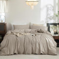FOSSA Duvet Cover Set 100% Washed Cotton Linen Feel Super Soft Breathable Cozy 3 Pieces Bedding Sets Solid Tannish Linen Grey Queen