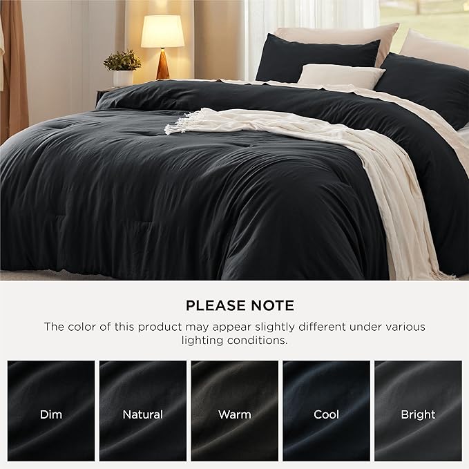 Bedsure California King Size Comforter Set, Black Soft Prewashed Bedding for All Seasons, 3 Pieces GentleSoft™ Down Alternative Bed Set, 1 Lightweight Comforter (104"x96") and 2 Pillowcases (20"x36")