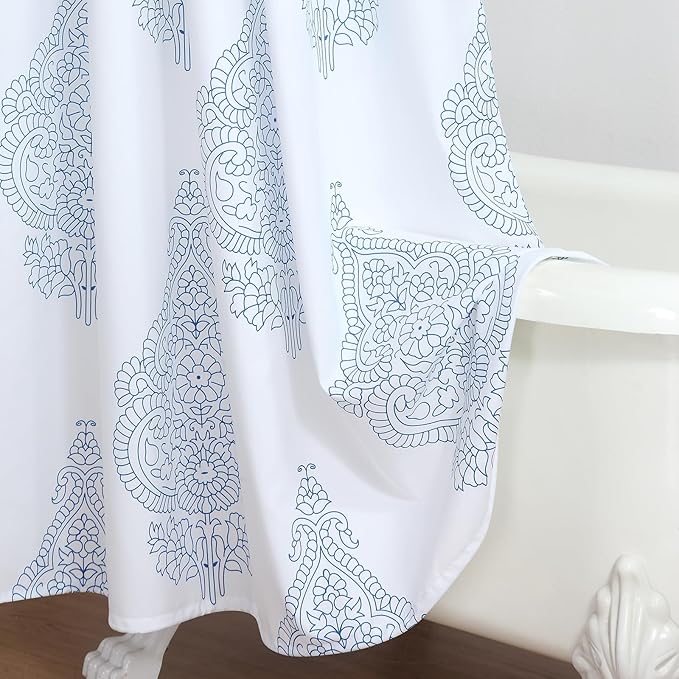 Extra Long Fabric Shower Curtain, White and Blue Paisley Damask Medallion Print Shower Curtains for Bathroom, 72" W x 84" H