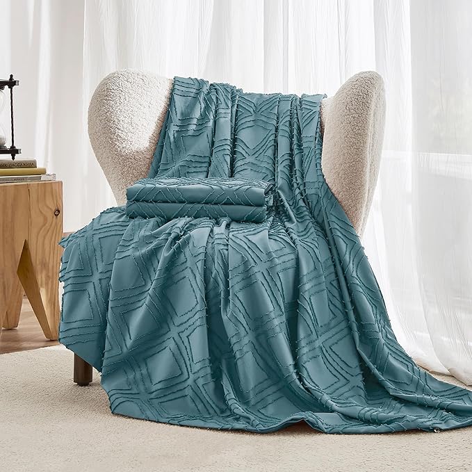 JELLYMONI Duvet Cover Twin Size Grayish Blue - 3PCS Boho Duvet Cover Set Plaid Polyester Tufted Bohemian Jacquard Knit Textured Comforter Cover 68×90in Rhombic Geometric Pattern Corner Ties & Zipper