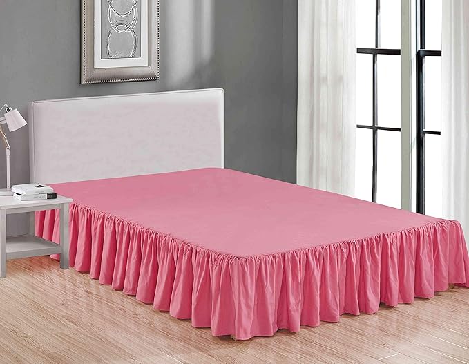 Sheets & Beyond Wrap Around Solid Microfiber Luxury Hotel Quality Fabric Bedroom Gathered Ruffled Bedding Bed Skirt 14 Inch Drop (Queen, Pink)