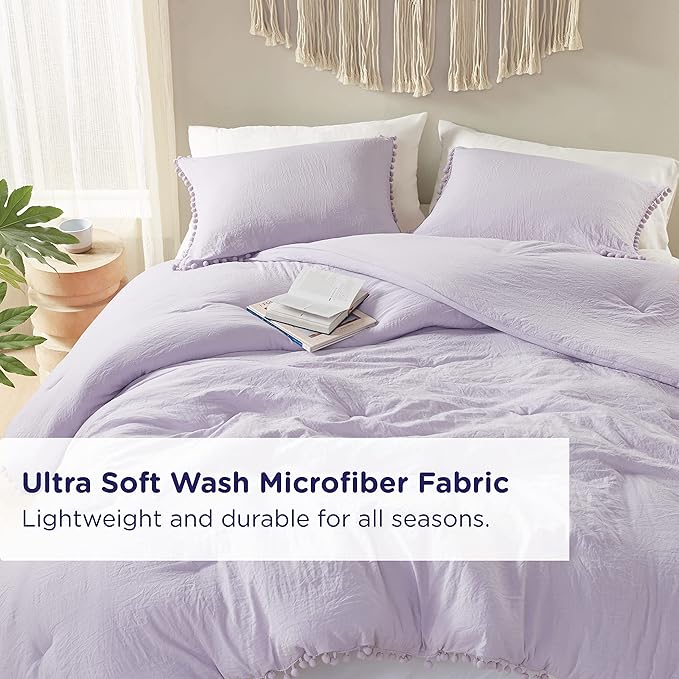 Codi Lavender Purple Full/Queen Comforter Set - Boho Aesthetic Bedding with Luxurious Pom Fringe, Soft Washed Microfiber 3pc Set, Couple-Friendly Lightweight Design, 1 Comforter & 2 Pillow Shams