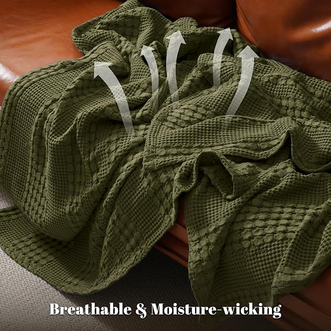 PHF 100% Cotton Waffle Weave Blanket Queen Size for Bed, Soft Lightweight & Breathable, All-Season Comfort, Luxury Aesthetic Woven Bedding for Home Decor, 90"x90", Capulet Olive