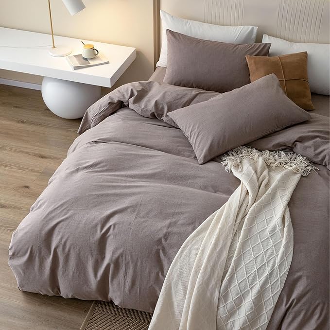 JIYUAN 100% Washed Cotton Duvet Cover Set 3 Pieces Cal King, 1 Duvet Cover 104x98 Inches(Comforter Not Included) and 2 Pillowcases,Linen Feel Bedding Set Comfy and Breathable, Heathered Mauve Brown