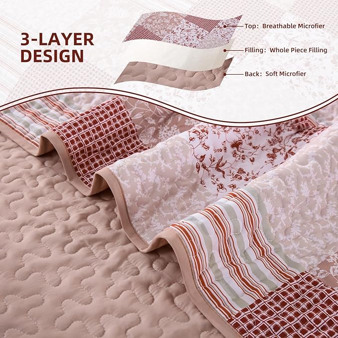 Mybedsoul Patchwork Quilt Set King Size, 3 Pieces Pink Floral Plaid Bedspread Coverlet Set, Reversible Soft Microfiber Bedding Set for All Season, Fall Winter King 90"x104"
