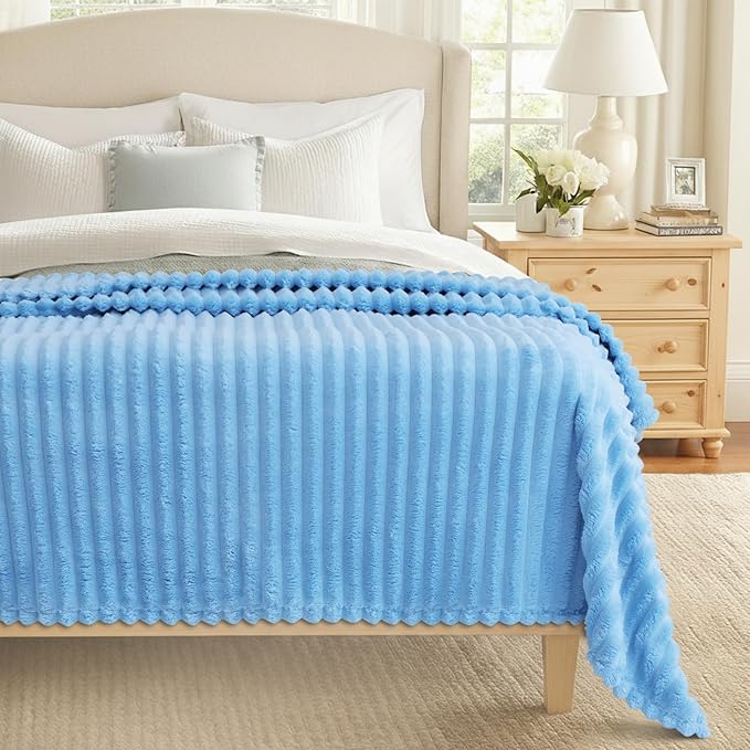 decorUhome Christmas Soft Fleece Blue Blanket King Size for Bed, Cozy Fluffy Plush Flannel Large Striped Throws for Couch Sofa, Lightweight Decorative Fuzzy Blanket for Woman, 108x90 Inches