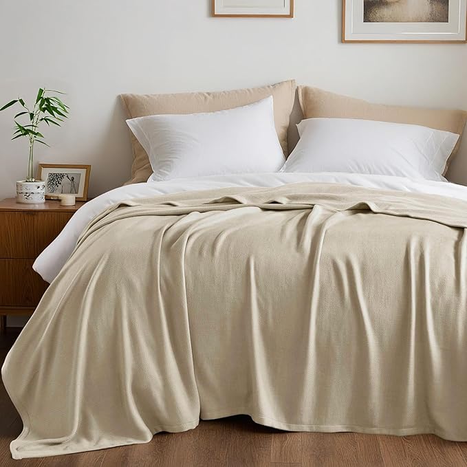 Twin Size Blanket, 70% Rayon (Derived from Bamboo) and 30% Cotton, Lightweight Jacquard Weave, Breathable and Soft Summer Blanket for Bed or Couch, 66” x 90”, Khaki