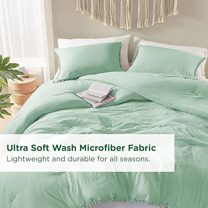 Codi Sage Green King Comforter Set - Boho Chic Bedding with Elegant Pom Fringe, Soft Washed Microfiber 3pc Luxury Set, Lightweight & Breathable for Master Bedroom, 1 Comforter & 2 Pillow Shams
