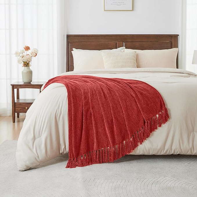 CozeCube Chenille Throw Blanket for Couch, Cozy Plush Fuzzy Decorative Christmas Red Blanket with Fringe Tassels, Lightweight Throws for Bed Sofa Gift Home Decor, 50"X60"
