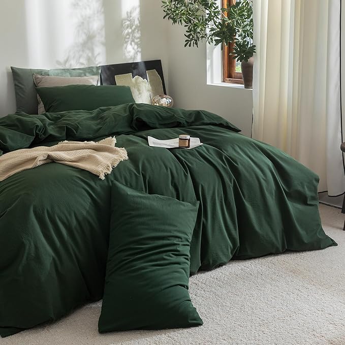 FOSSA Duvet Cover Set 100% Washed Cotton Linen Feel Super Soft Breathable Cozy 3 Pieces Bedding Sets Solid Forest Green Super King Plus