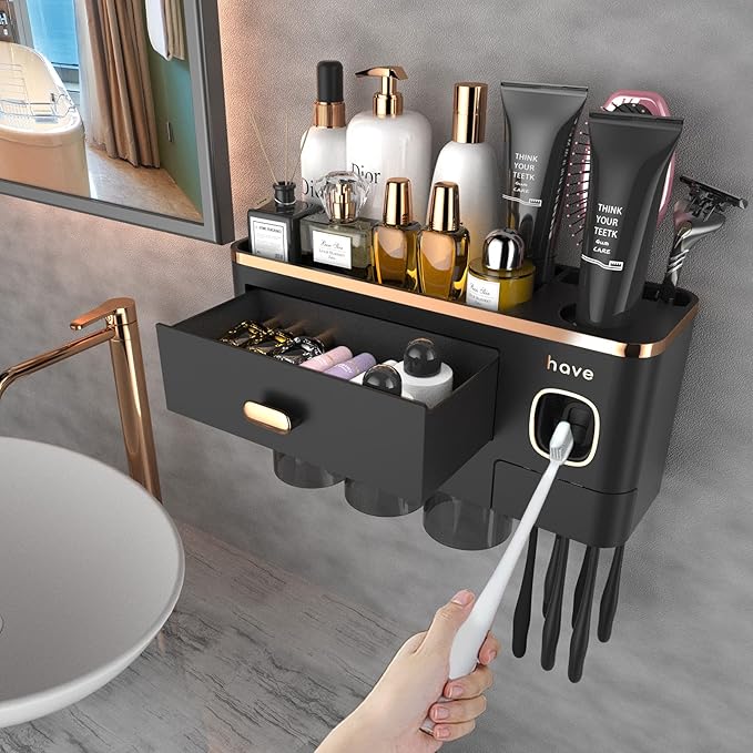 iHave Toothbrush Holders for Bathrooms - Upgrade Wall Mounted Toothbrush Holder with Toothpaste Dispenser - 3 Cups, Large Capacity Tray - Bathroom Accessories & Bathroom Storage