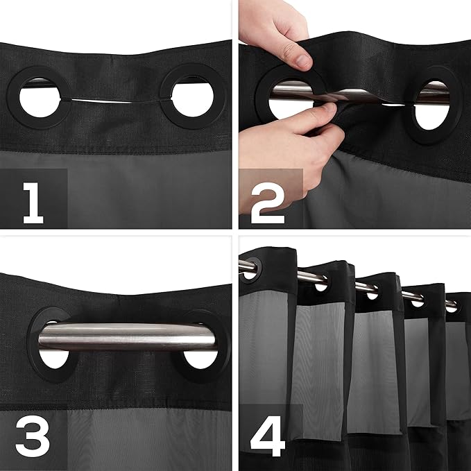 Long No Hook Slub Textured Shower Curtain with Snap-in PEVA Liner Set - 71" x 80"(78"), Hotel Style with See Through Top Window, Black Fabric Curtain & Waterproof Liner, Black, 71x80
