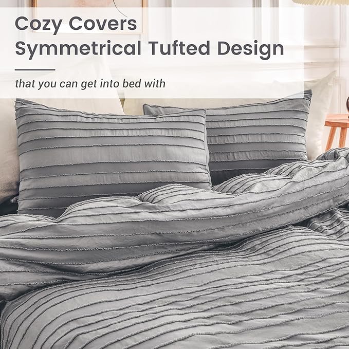 NEXHOME PRO Duvet Cover King Size, Grey 3 Pieces Boho Tufted Duvet Cover Set, Soft and Lightweight Microfiber Comforter Cover Set for All Season (Grey King, 104 x 90)-No Comforter