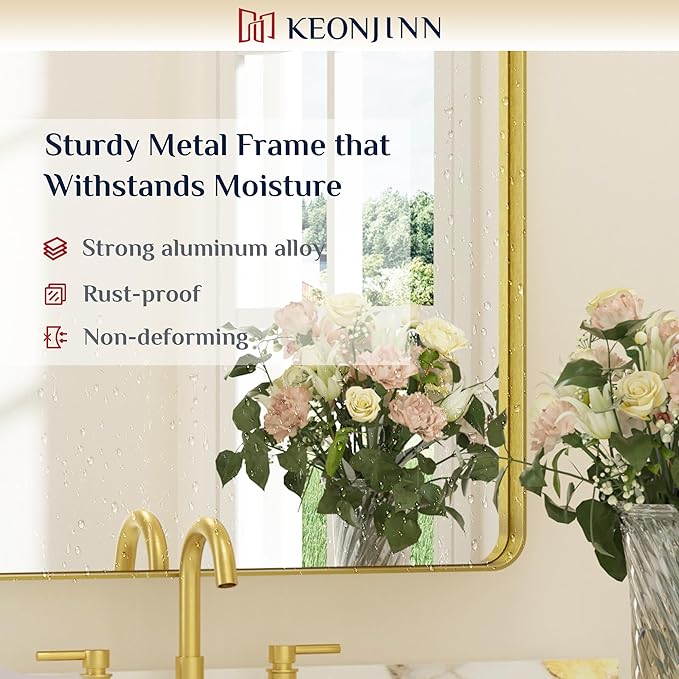 Keonjinn Gold Bathroom Mirrors for Wall 42” x 20” Large Rounded Rectangle Gold Vanity Mirror, Brushed Brass Mirror with Metal Frame, HD Tempered Glass, Decorative Farmhouse Mirror(Horizontal/Vertical)