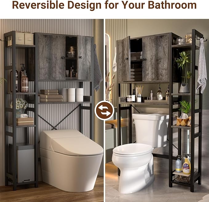 Over The Toilet Storage Cabinet with Doors - 7 Tier Bathroom Organizer with Adjustable Shelf, Freestanding Space Saver Rack Above Toilet Stand with 4 Hooks for Bathroom, Restroom, Laundry, Grey Oak
