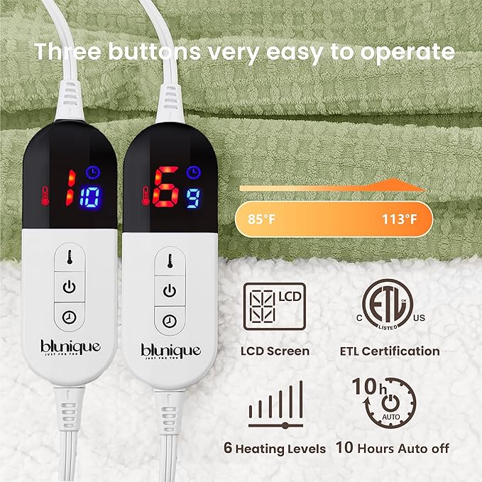 Heated Blanket Electric Blanket King Waffle, 90x100 Inches Dual Controllers Sherpa Fleece Fast Heating Blanket 6 Heating Levels & 10 Hours Auto Off ETL Certification, Sage King