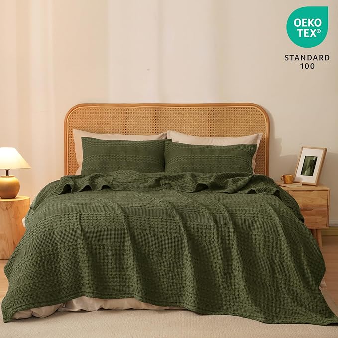 PHF 100% Cotton Waffle Weave Blanket King Size for Bed, Soft Lightweight & Breathable, All-Season Comfort, Luxury Aesthetic Woven Bedding for Home Decor, 108"x90", Capulet Olive