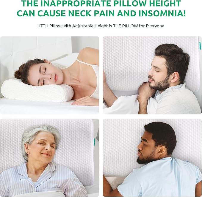 UTTU Cervical Pillow for Neck Strain Relief, Memory Foam Neck Pillow for Sleeping, Adjustable Orthopedic Sandwich Pillow, Contour Cooling for Side Back Stomach Sleeper, Medium(23.6"×14"×5.2"/4.5")