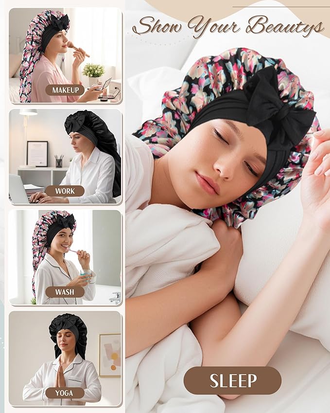 AWAYTR Long Satin Bonnet for Sleeping, Reversible Double Layer Hair Bonnet with Elastic Tie Band (Ink Floral Print+Black)