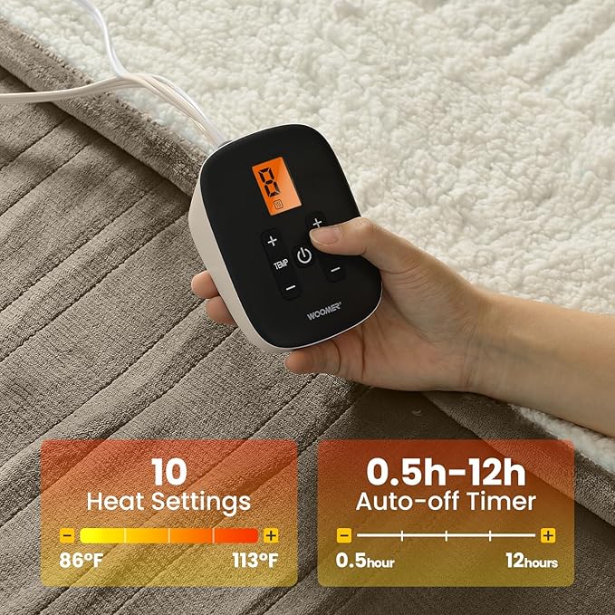 WOOMER [5-Year Warranty Electric Blanket Twin Size,Durable Flannel and Soft Sherpa,Dual Control,62”×84” Heated Throw Blanket, 10 Heat Levels&0.5-12h auto-Off,Energy Efficient,ETL Certified