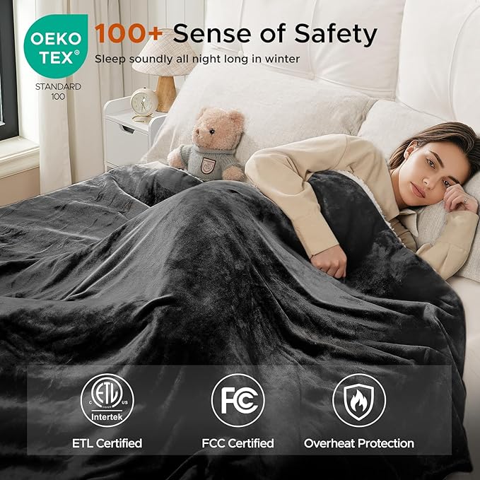 Electric Blanket Twin - Soft Flannel Heated Blanket Twin Size 62x84 inches, Ultra Soft Fast Heating with 2-10 Timer Settings & 9 Heat Settings, Warm Gift for Grandma, Dark Gray