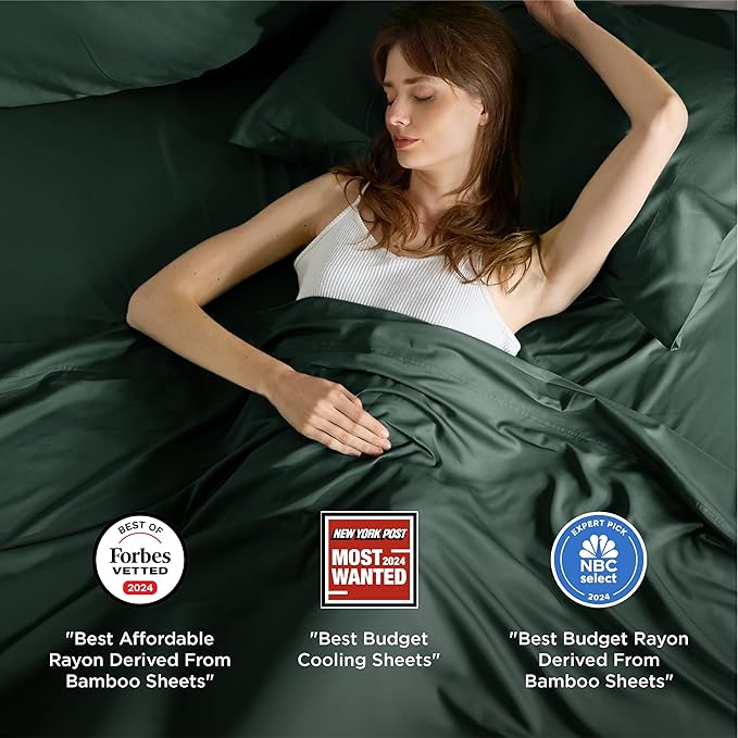 Bedsure Full Size Bed Sheets, Cooling Sheets, Rayon Derived from Bamboo, Breathable & Soft, Deep Pocket Up to 16 Inches, Hotel Luxury Silky Bedding for Hot Sleepers, Forest Green