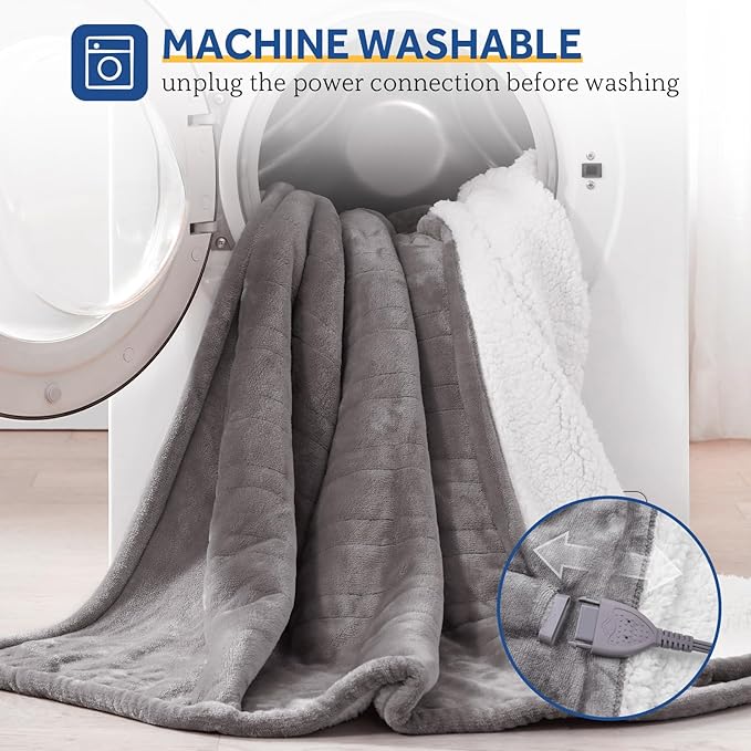 SEALY Electric Throw Blanket, Flannel & Sherpa Heated Throw with 6 Heating Levels & 2-10 Hours Auto Shut Off, Fast Heating & Machine Washable, 50x60 Inch, Light Grey