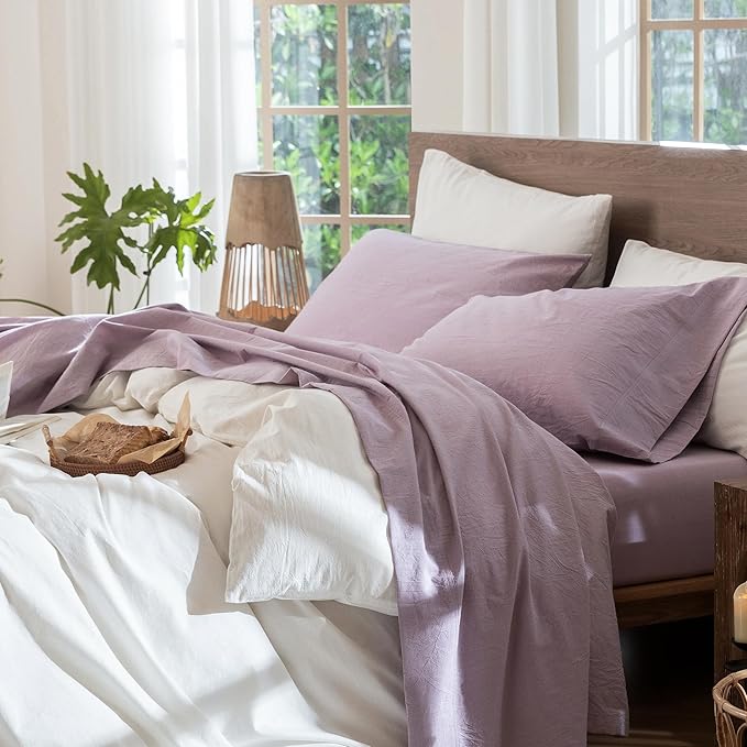 MooMee Bedding Sheet Set 100% Washed Cotton Linen Like Textured Breathable Durable Soft Comfy (Heathered Light Purple, King)