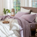 MooMee Bedding Sheet Set 100% Washed Cotton Linen Like Textured Breathable Durable Soft Comfy (Heathered Light Purple, King)
