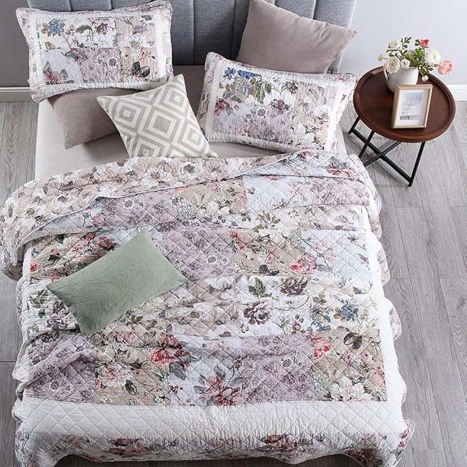 Cotton Bedspread Quilt Bedding Sets 3 Pieces Reversible Coverlet Sets Comforters Vintage Floral Patchwork White Bedspread, Queen Size